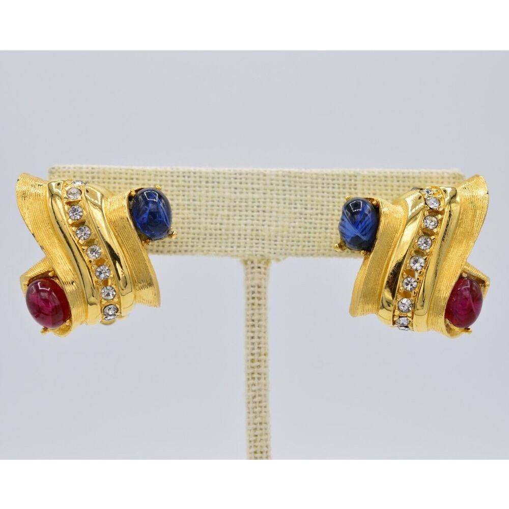 Givenchy Vintage Cabochon On Clip Earrings Gold Red Blue Runway Signed 80s BinAE